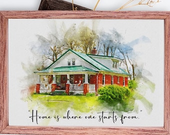 May include: A watercolour painting of a red brick house with a green roof and white trim. The house has a porch with white columns and a white railing. The house is surrounded by green trees and bushes. The painting is framed in a brown wooden frame. The text "Home is where one starts from." is printed below the painting.