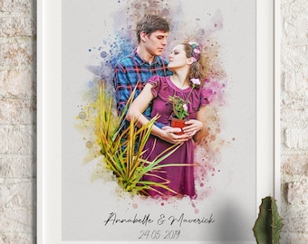 Pode incluir: Uma pintura a aquarela de um casal se abraçando, com um toque de cor atrás deles. O casal está em pé em um campo de grama alta. O texto "Annabelle & Maverick 24.05.2019" está escrito abaixo do casal.