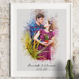 Personalisierbares Aquarell-Paarporträt, personalisiertes Liebhaberkunstwerk auf gerahmter Leinwand, einzigartiges Verlobungs-Illustrationsplakat vom Foto