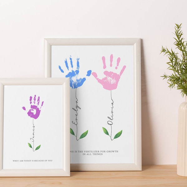 Custom names handprint Mother's day keepsake grandma floral art flower bouquet gift for her DIY craft toddler children kids activity baby