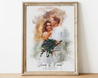 Retrato de casal em aquarela personalizado a partir de foto, presente de Natal personalizado para ela, presente de casamento para casal, presente de aniversário para namorado