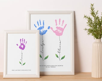 Custom names handprint Mother's day keepsake grandma floral art flower bouquet gift for her DIY craft toddler children kids activity baby