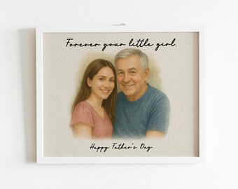 May include: A framed portrait of a woman and an older man, likely a father and daughter, with the text "Forever your little girl" and "Happy Father's Day". The woman wears a pink top, and the man wears a blue shirt.