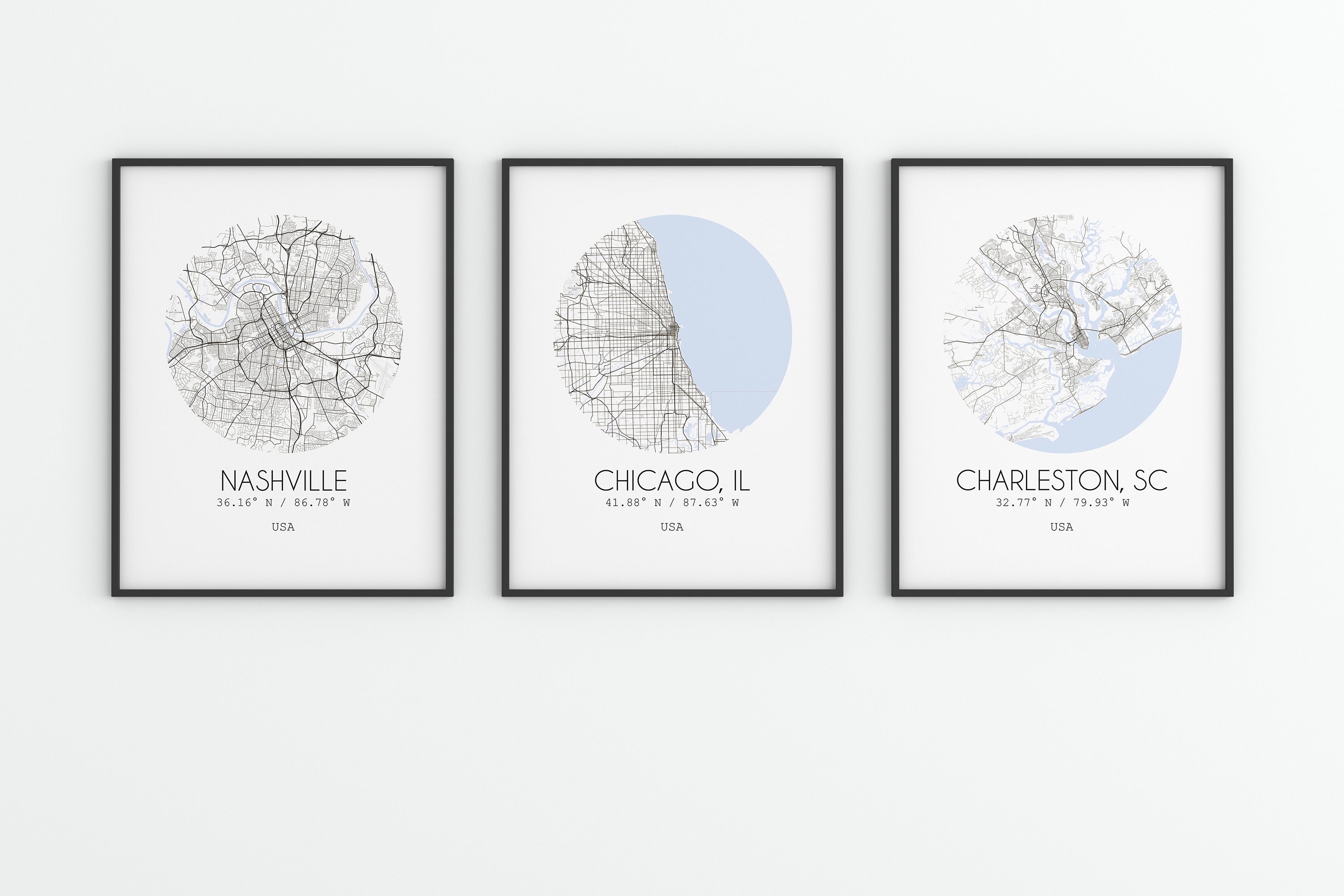 Three Map Printable Personalized Map Print, Set of Three, Map Prints, Custom Locations ...