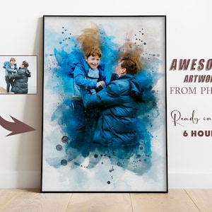 May include: A watercolor painting of a father and son. The father is holding the son in his arms. The painting is in shades of blue and brown with white splatters. The text "AWESOME ARTWORK FROM PHOTO Ready in just 6 HOURS" is in the upper right corner of the image.