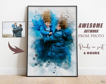 Watercolor Family Portrait, Father Son Painting Portrait from Photo, Custom Father&#39;s Day Gift, Personalized Anniversary Gift for Husband,