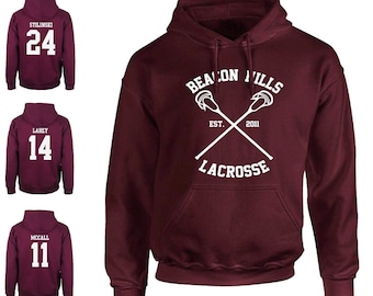 Teen Wolf Hoodie/Sweatshirt, Beacon Hills Lacrosse, Stilinski 24, Lahey 14, McCall 11, S-M-L-XL Bordeaux