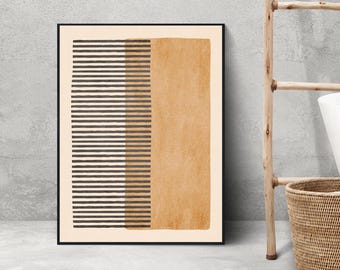 Black Stripes Warm Ochre Abstract Print | Pale Yellow Neutral Minimal Art