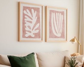 Set of 2 Blush Pink Botanical Prints, Light Terra Abstract Leaf Wall Art Diptych
