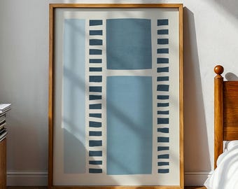 Abstract Blue Tones Geometric Print on Light Cream Background