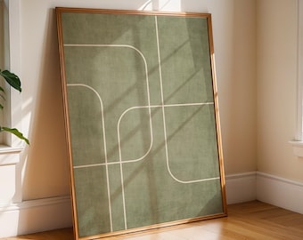 Olive Green Linen Texture Art Print Minimalist Geometric Lines Artwork