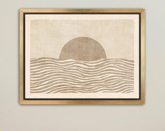 Neutral Minimalist Sunset Over Waves | Beige Coastal Art Print Canvas
