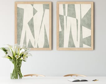 Juego de 2 láminas abstractas en verde neutro. Decoración en verde claro tenue. Arte elegante y sofisticado.