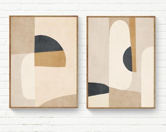 Set of 2 Prints Neutral Tones Beige Black White Abstract Minimalist Art Print Set