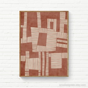 Boho Wall Art Unique Print, Digital Linocut Print Burnt Orange Terra Abstract Artwork, Terracotta Wall Art Print, Large Size 30x40 Available