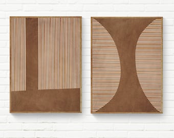 Conjunto de 2 impresiones artísticas minimalistas abstractas en marrón oscuro, elegantes, con formas y líneas sencillas en beige cacao, diseño de interiores, impresión artística elegante.