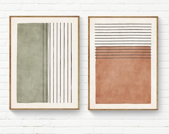 Army Green Terra Color Block Black Lines Art Set of 2 Print Olive Moss Modern Boho Set Minimalist Boho Fashion Trendy Terracotta