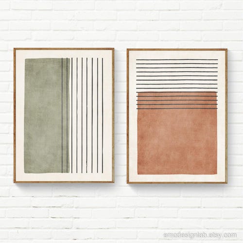 Army Green Terra Color Block Black Lines Art Set of 2 Print Olive Moss Modern Boho Set Minimalist Boho Fashion Trendy Terracotta