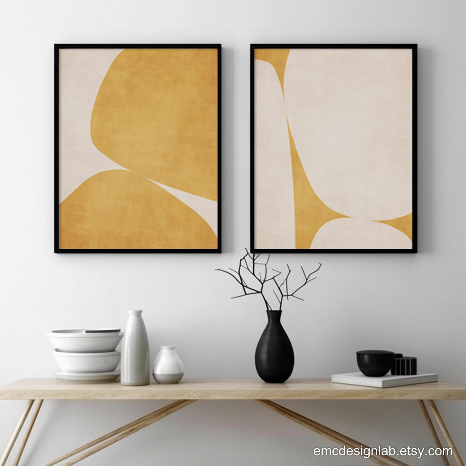 Mustard Yellow Minimalist Abstract Art Set 2 Prints Rounded Shape ...