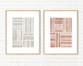 Neutral Terracotta Beige Abstract Stripe Art — Minimalist Set of 2 Living Room Prints