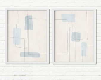 Soft Blue Abstract Line Art Print — Delicate Minimalist Set of 2 Canvas Prints