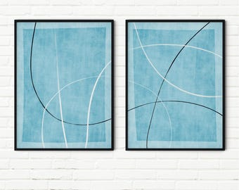 Abstract Line Art Set of 2, Light Blue Minimalist Wall Art, Modern Canvas Prints