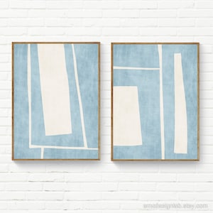 Minimalist Light Blue White Print Set / Ivory White Baby Blue Modern Wall Art / Linen Texture Bedroom Prints / Sky Blue Abstract Art Set