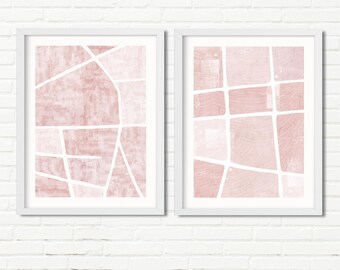 Blush Pink Abstract Shapes Art Print — Minimalist Set of 2 Bedroom Wall Art