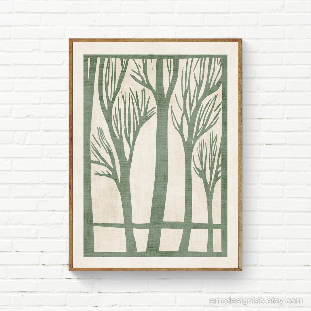 Green Artwork Digital Linocut Art Print Trees Wall Art Nature Neutral ...