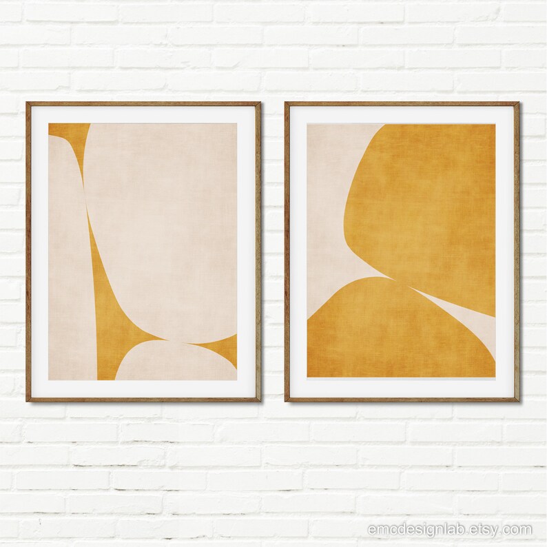 Mustard Yellow Minimalist Abstract Art Set 2 Prints Rounded Shape ...