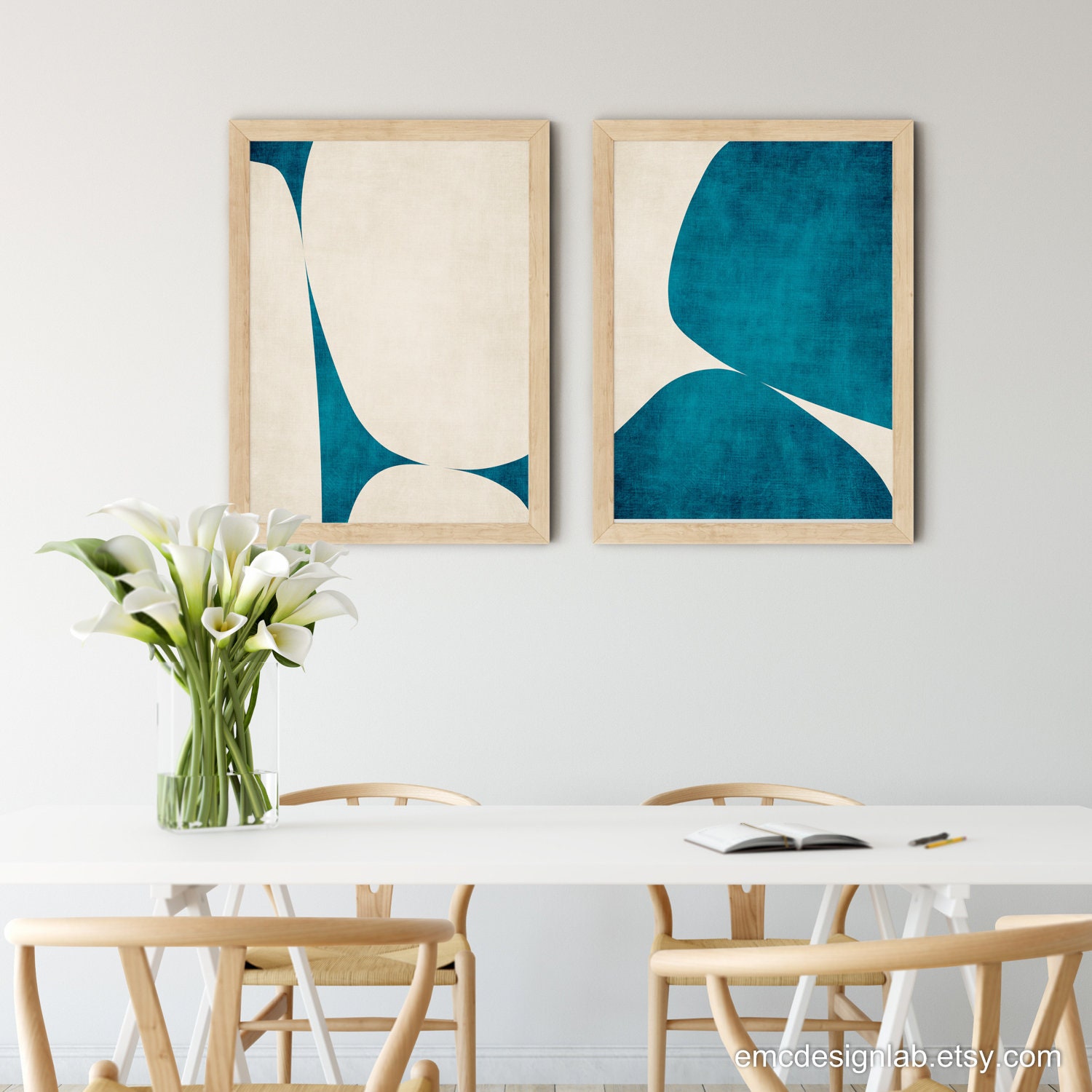 Minimalist Modern Dark Teal Cream Abstract Wall Art Print Canvas Custom ...