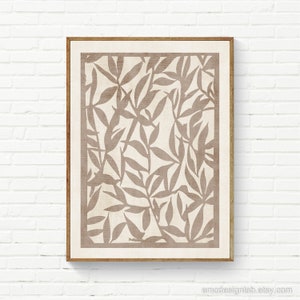 Minimalist Neutral Leaves Art Print / Tan Beige Linen Abstract Tree Leaves Wall Art / Boho Chic Nature Art Print