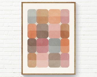 May include: Abstract geometric art print with a grid of rounded squares in shades of pink, orange, brown, and gray.