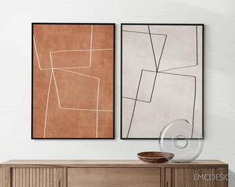 Terracotta Neutral Abstract Line Art — Set of 2 Canvas Print, Modern Elegant Wall Decor