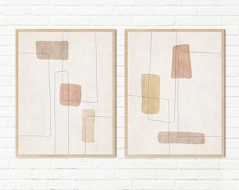 Neutral Earth Tone Abstract Shapes Art — Minimalist Set of 2, Bedroom Dorm Decor