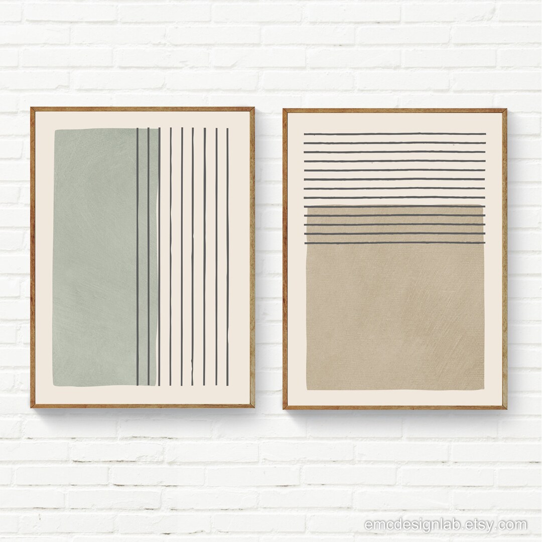 Neutral Minimalist Art Set of 2 Prints / Muted Green Pale Tan Wall Art