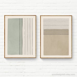 Neutral Minimalist Art Set of 2 Prints / Muted Green Pale Tan Wall Art Set / Modern Black Thin Lines