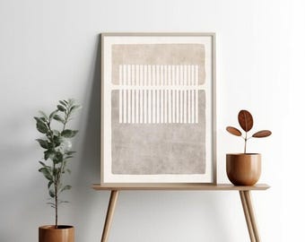 May include: A rectangular framed wall art print featuring an abstract design with two horizontal blocks of textured beige and taupe color separated by a series of vertical white lines. The artwork is displayed in a light wood frame.