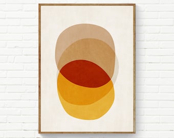May include: Abstract art print featuring overlapping circles in shades of brown, orange, and yellow. The circles are layered on a white background.