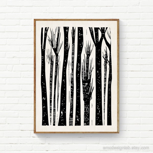 Black White Trees Digital Linocut Print Simple Artwork Minimalist Forest Nature Wall Art Unique Original Art