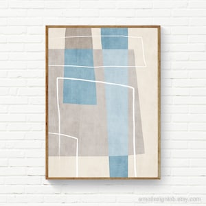 Light Blue Beige White Simple Shapes Abstract Wall Art Print Sky Blue Light Beige Bedroom Neutral Art Prints Elegant Modern Wall Art