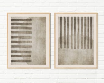 Abstract Stripe Set of 2 Prints, Warm Neutral Greige Minimalist Wall Art