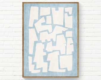 Originele lichtblauwe linnen achtergrondkunst aan de muur, crème gebroken witte moderne abstracte vormen, hemelsblauwe woonkamerkunstprint, groot XL beschikbaar
