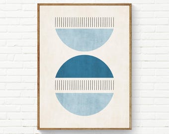 Art mural bleu marine blanc / Demi-cercles bleus Impression d'art lignes verticales noires / Papier mat Art mural minimaliste original Mod Poster