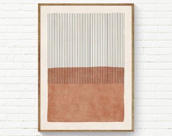 Terracotta Minimalist Boho Wall Art Print Thin Black Vertical Lines Color Block Terra Artwork