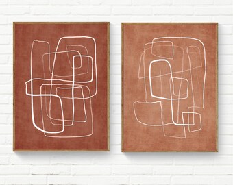 Terracotta Tones Art Print Set of 2: White Flowing Lines Abstract Wall Art