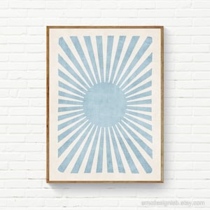 Minimalist Blue White Sun Rays Light Blue SunBurst Nursery Minimal Wall Art Ivory Cream Simple Prints, Living Room Neutral Decor