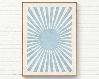 Minimalist Blue White Sun Rays Light Blue SunBurst Nursery Minimal Wall Art Ivory Cream Simple Prints, Living Room Neutral Decor