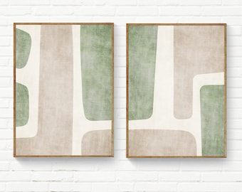 Puede incluir: Un conjunto de dos láminas de arte mural rectangulares con formas abstractas en tonos verde salvia apagado, beige suave y blanco roto. Cada lámina está enmarcada en un marco de madera fino y presenta una superficie texturizada.