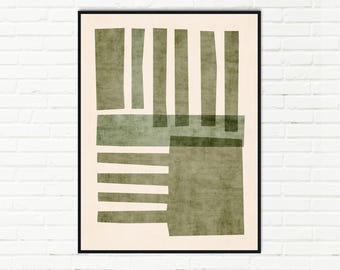 Olive Green Geometric Stripes Print — Modern Abstract Minimalist Art